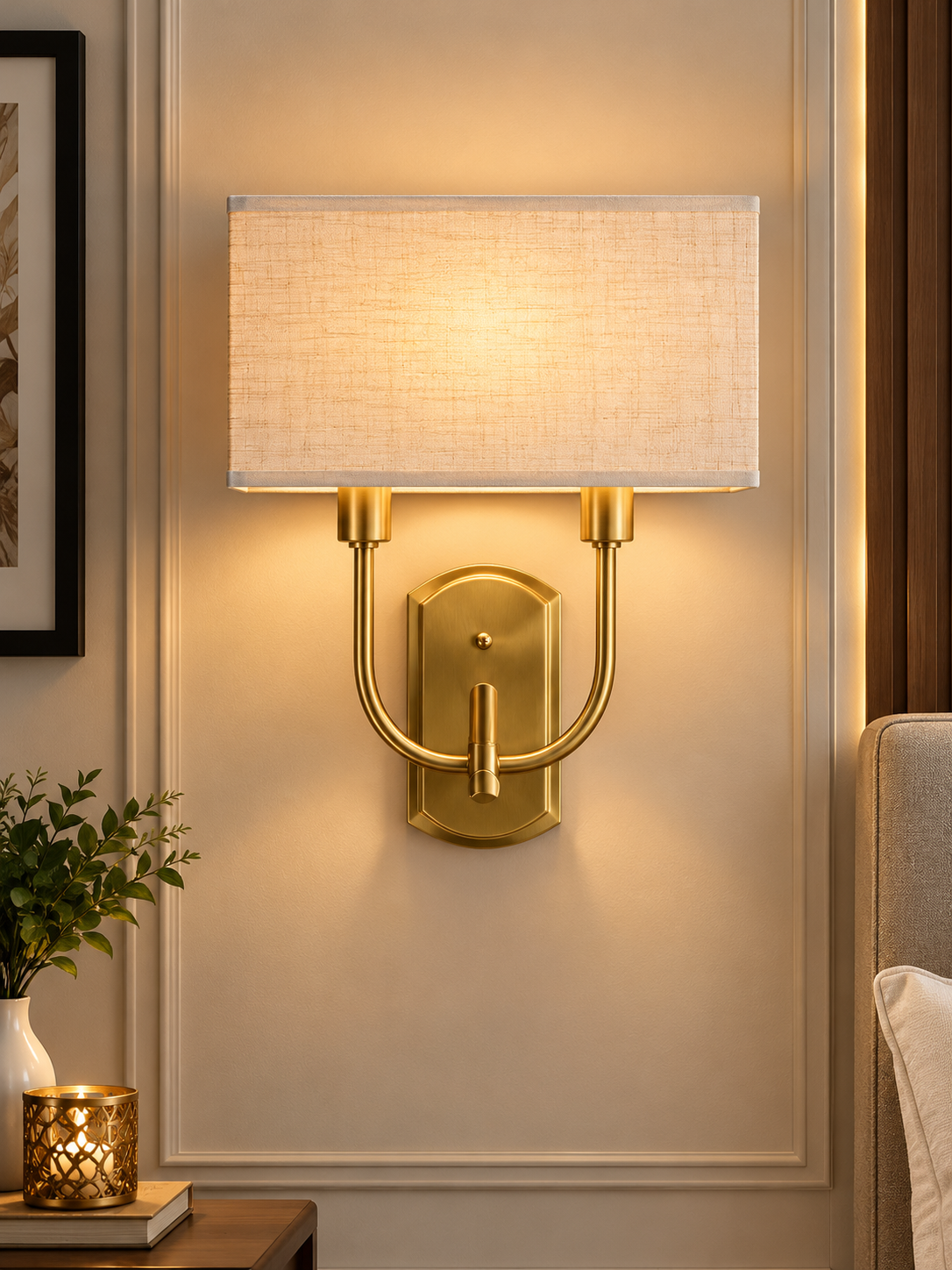 Elegant Brass Wall Light – Rectangular Linen Shade