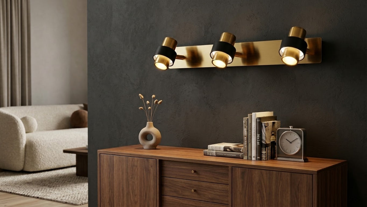 Focus): Lumina Triple Spotlight Brass vanity Light