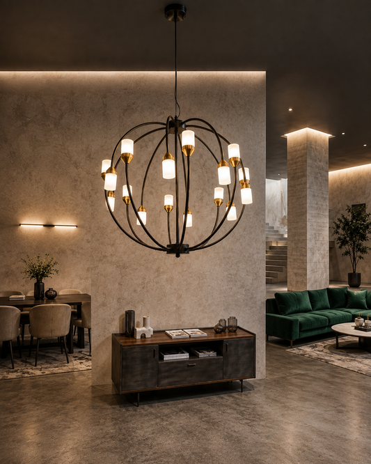 Orbital Matte Black & Gold Globe Chandelier