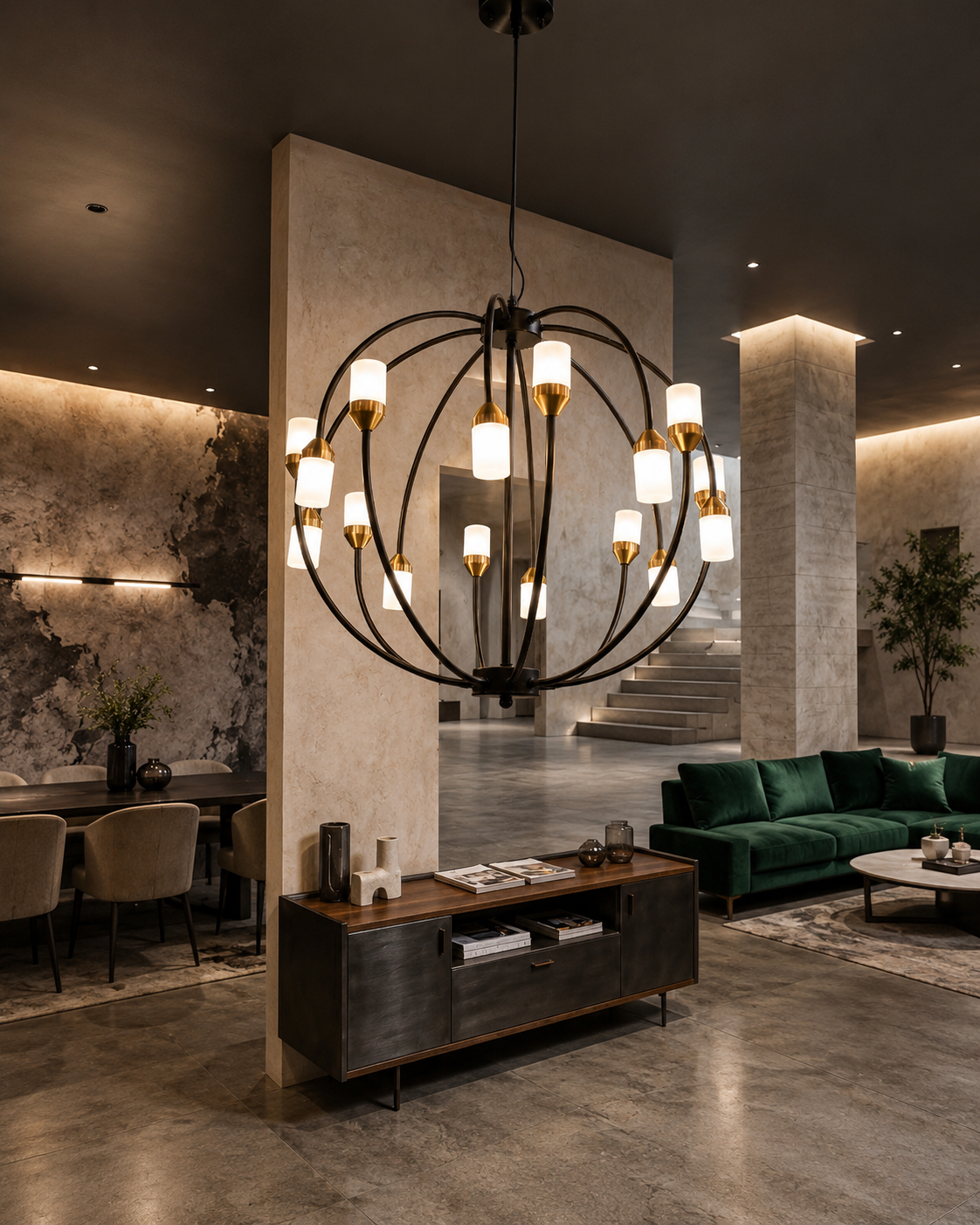 Orbital Matte Black & Gold Globe Chandelier